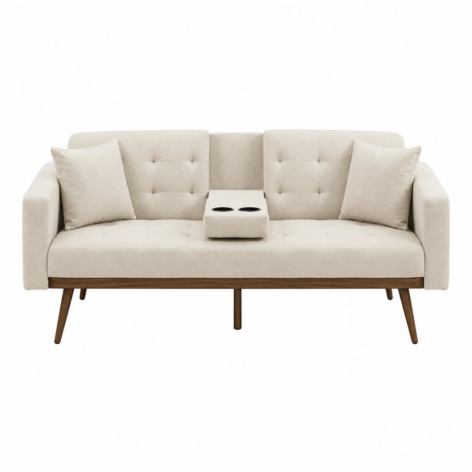 Divano a tre posti in tessuto beige con portabicchieri e struttura in legno