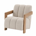 Poltrona imbottita in tessuto beige con braccioli in legno