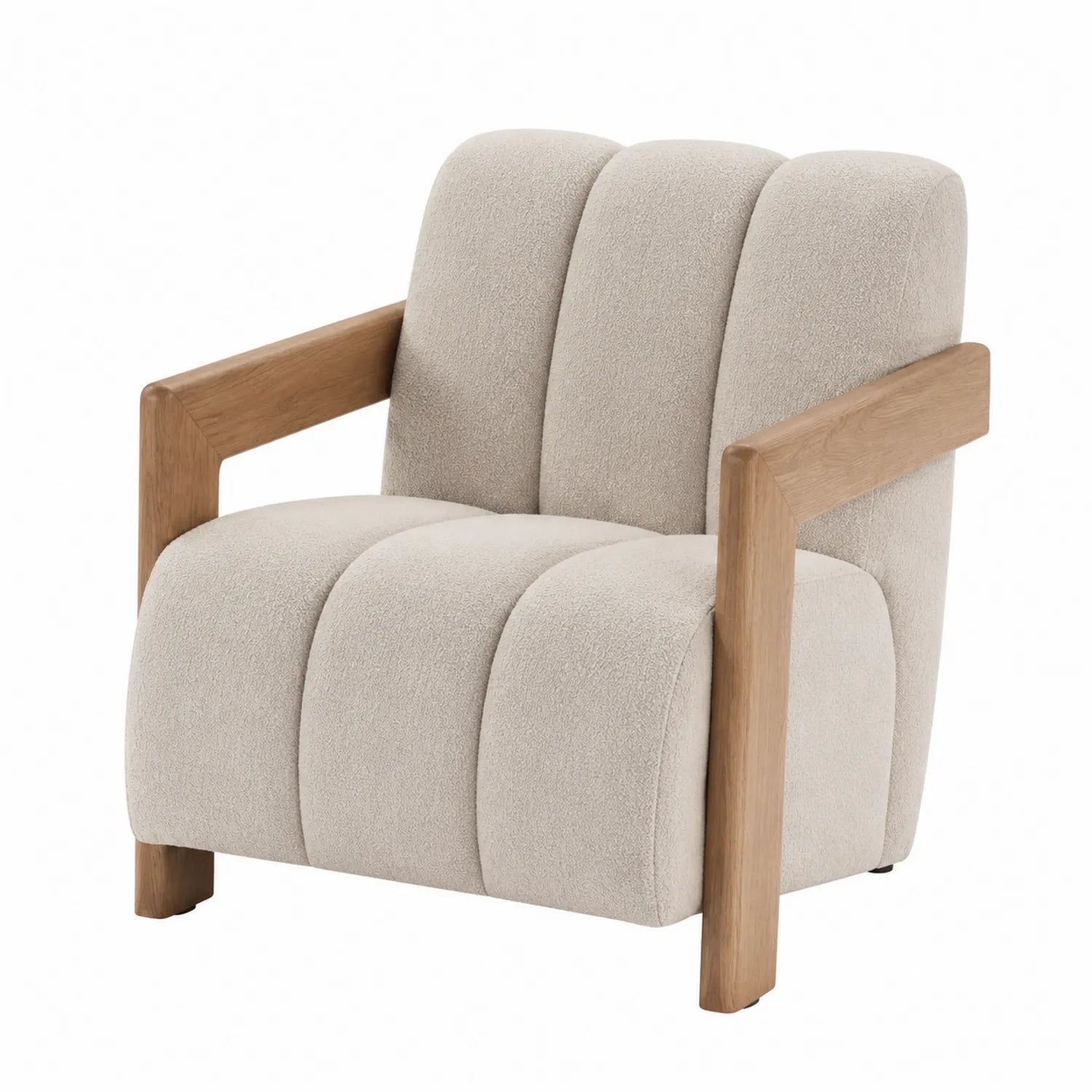 Poltrona imbottita in tessuto beige con braccioli in legno