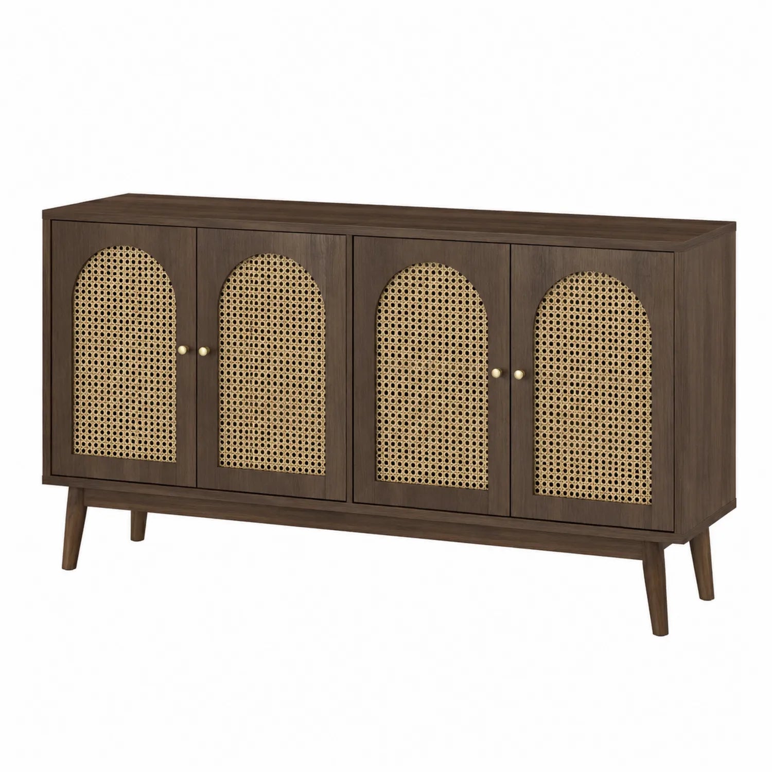 Credenza rettangolare in legno massello e rattan intrecciato marrone 160x40x80 cm