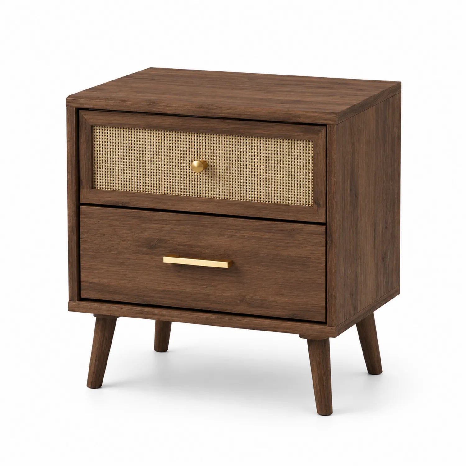 Comodino in legno con cassetto in rattan e maniglie in metallo dorato