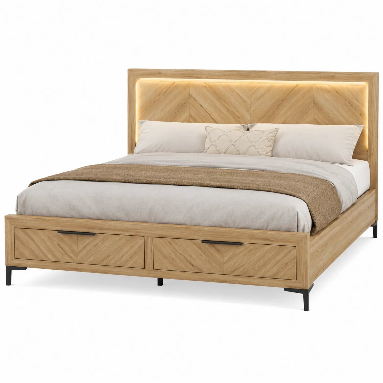 Letto matrimoniale legno di quercia con cassetti e LED 200x160 cm