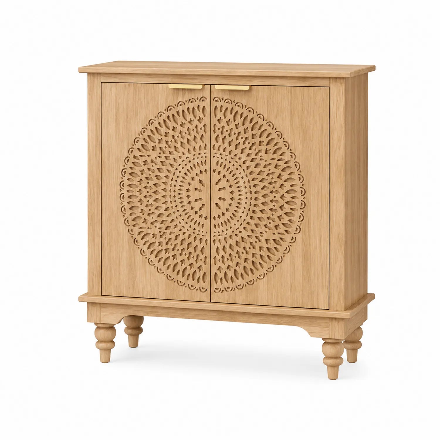 Credenza in legno intagliato con ante a motivo circolare
