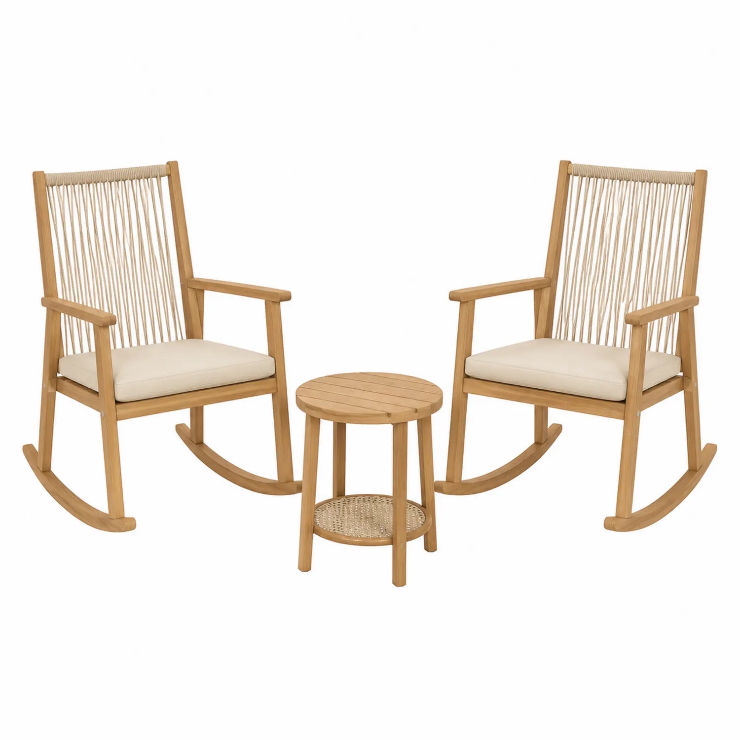 Set sedie a dondolo in legno con cuscini crema e tavolino