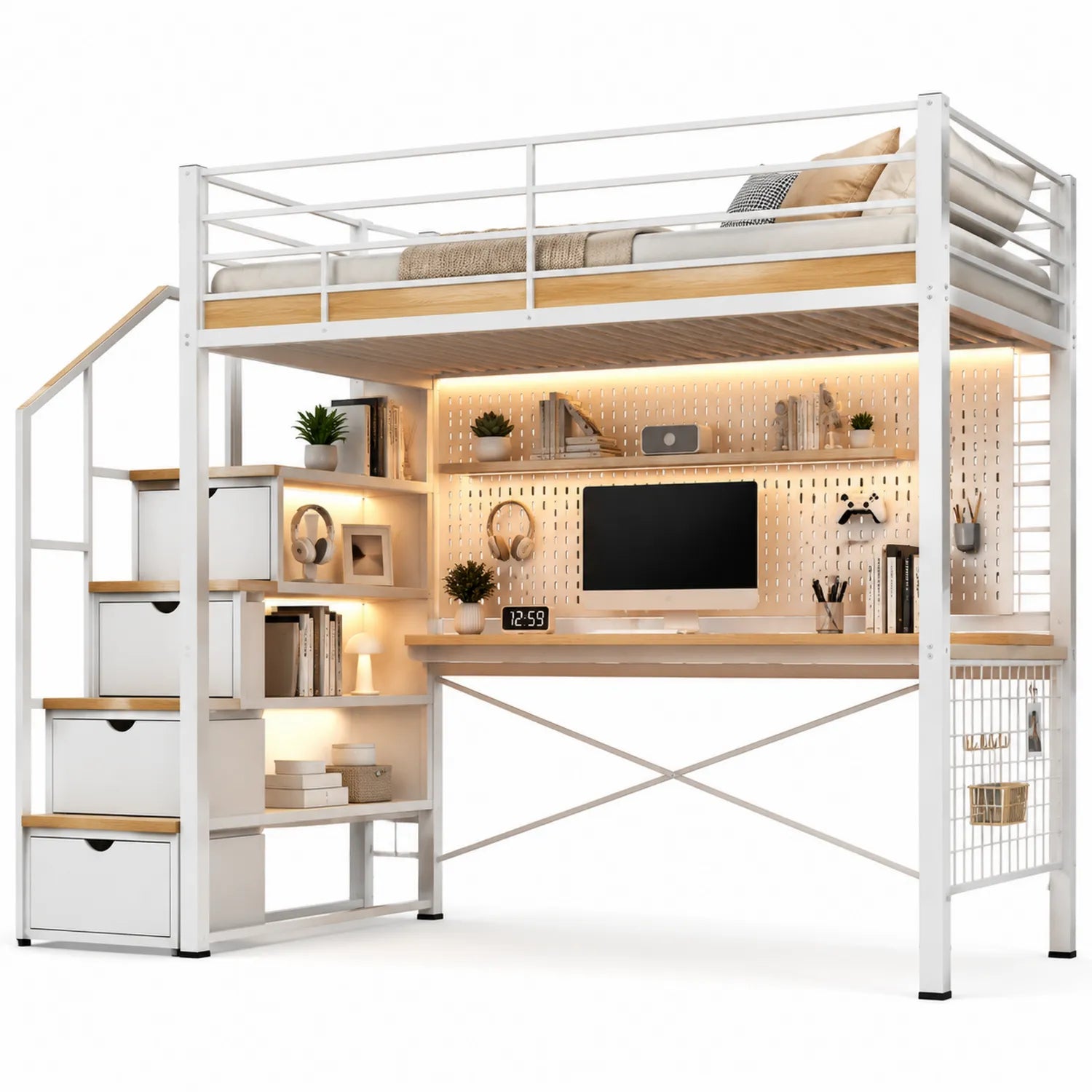 Letto a Soppalco con Scrivania in Metallo Bianco e Legno