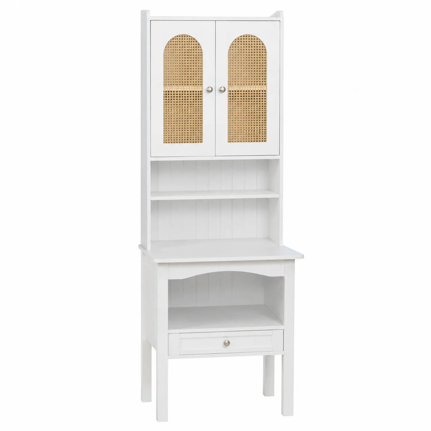 Libreria in legno bianco con ante in rattan e cassetto