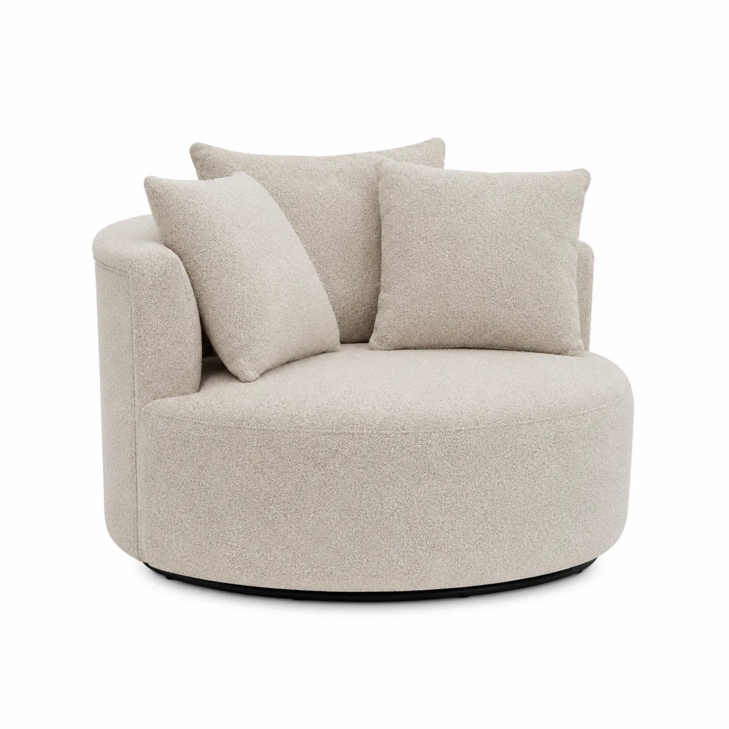 Divano Rotondo in Tessuto Bouclé Beige con Cuscini