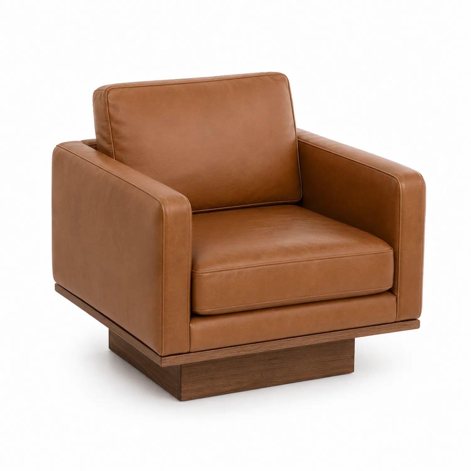 Poltrona in Pelle Marrone con Base in Legno 85x85x70 cm