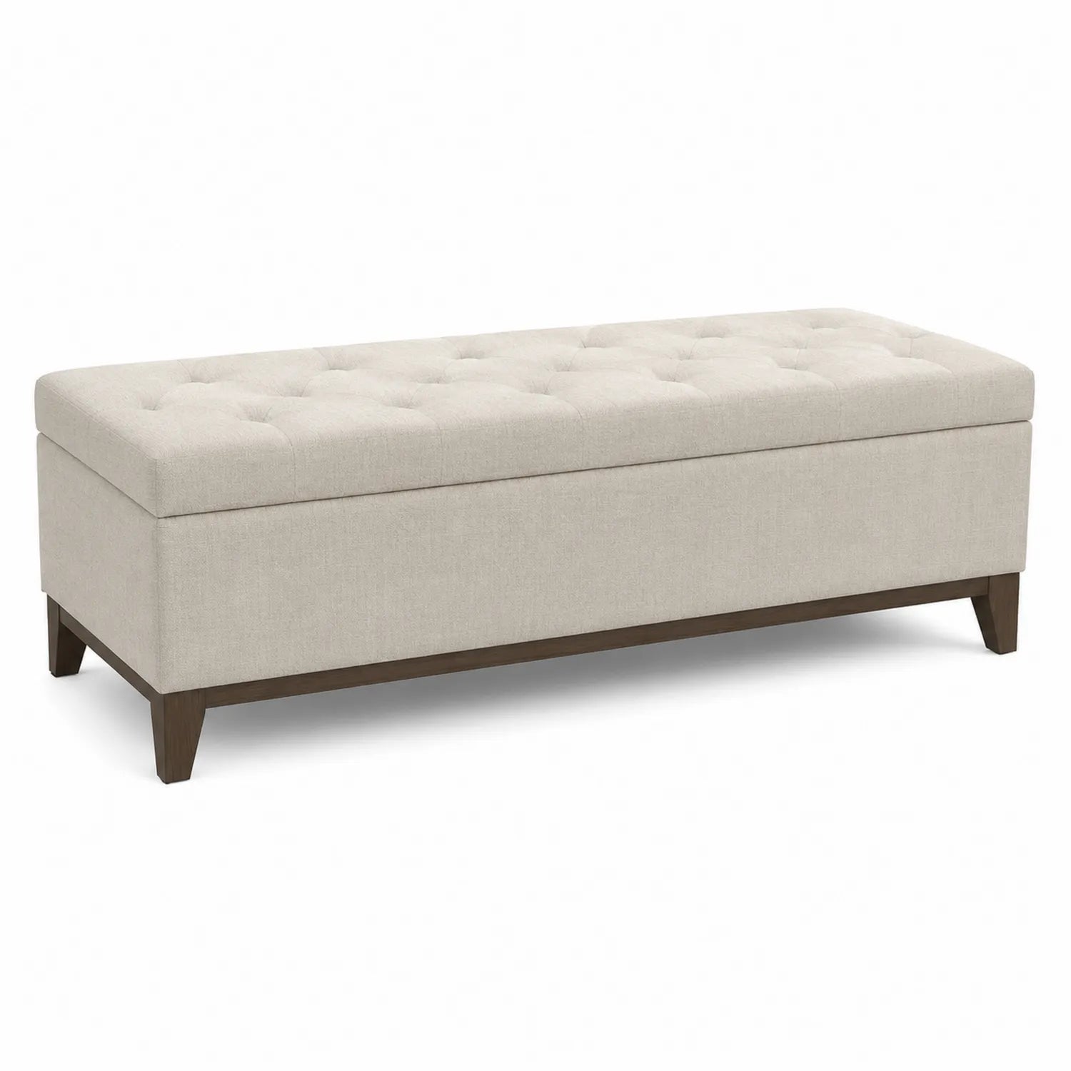 Poggiapiedi imbottito in tessuto beige con struttura in legno
