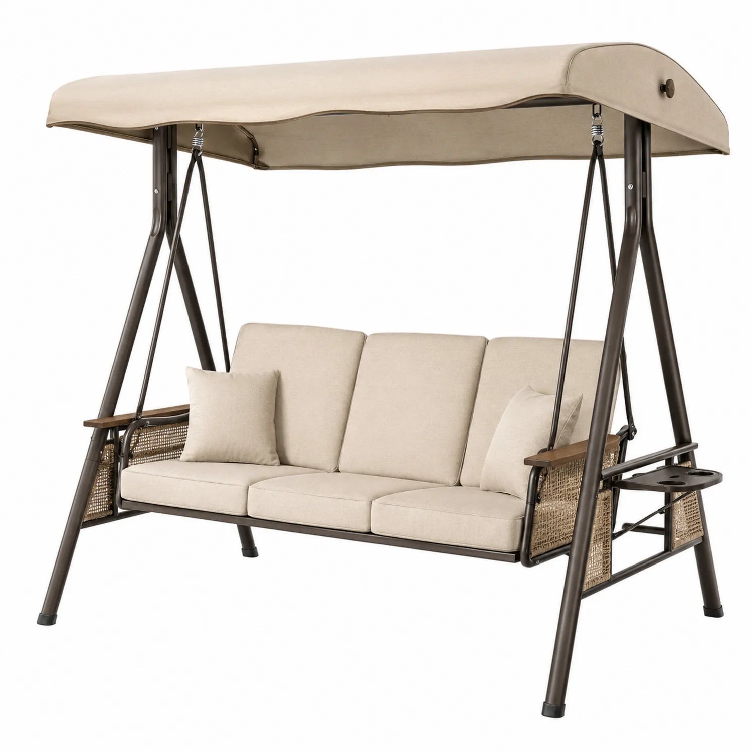 Altalena da Giardino Tre Posti Metallo con Cuscini in Poliestere Beige
