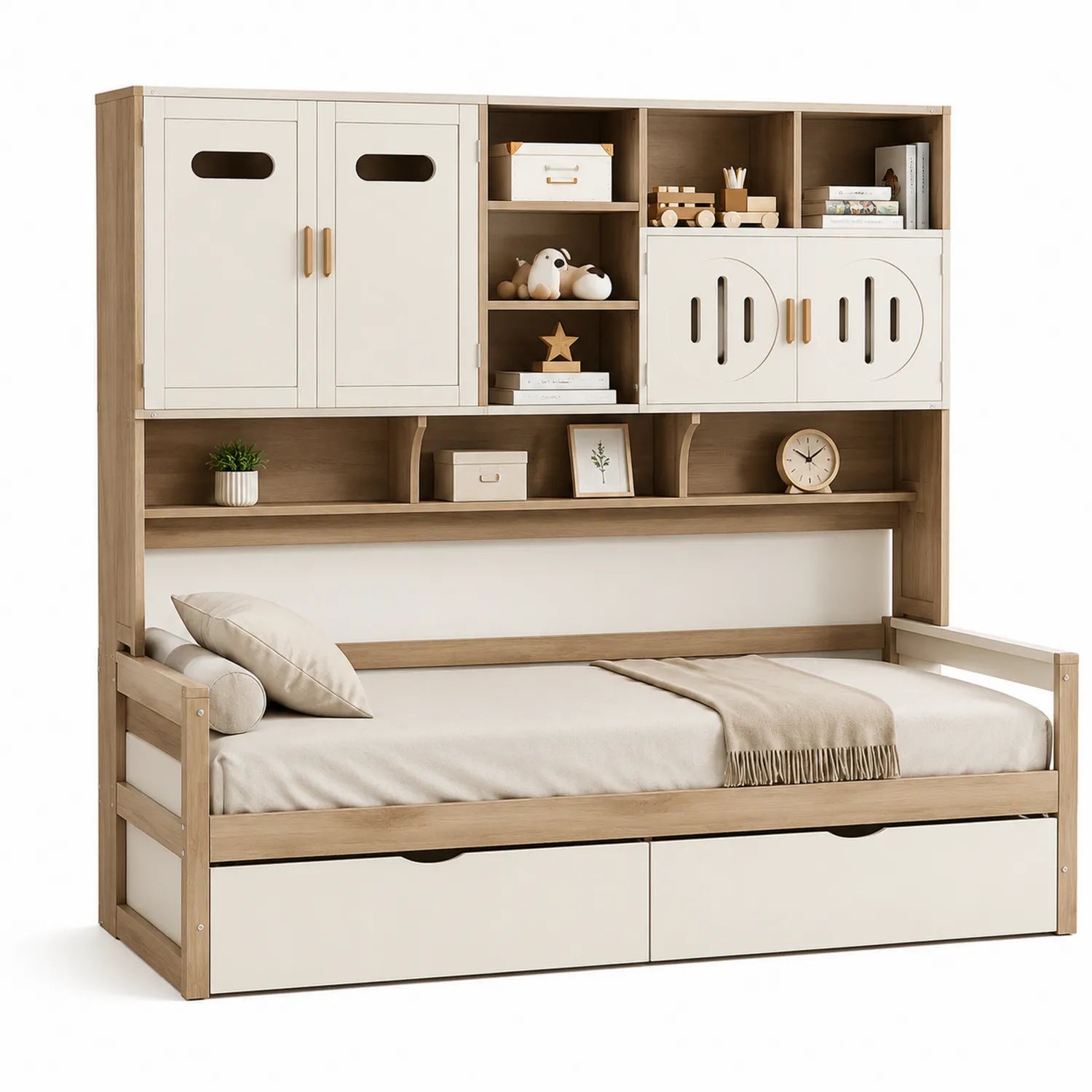 Letto in legno massello naturale e bianco con libreria e cassetti