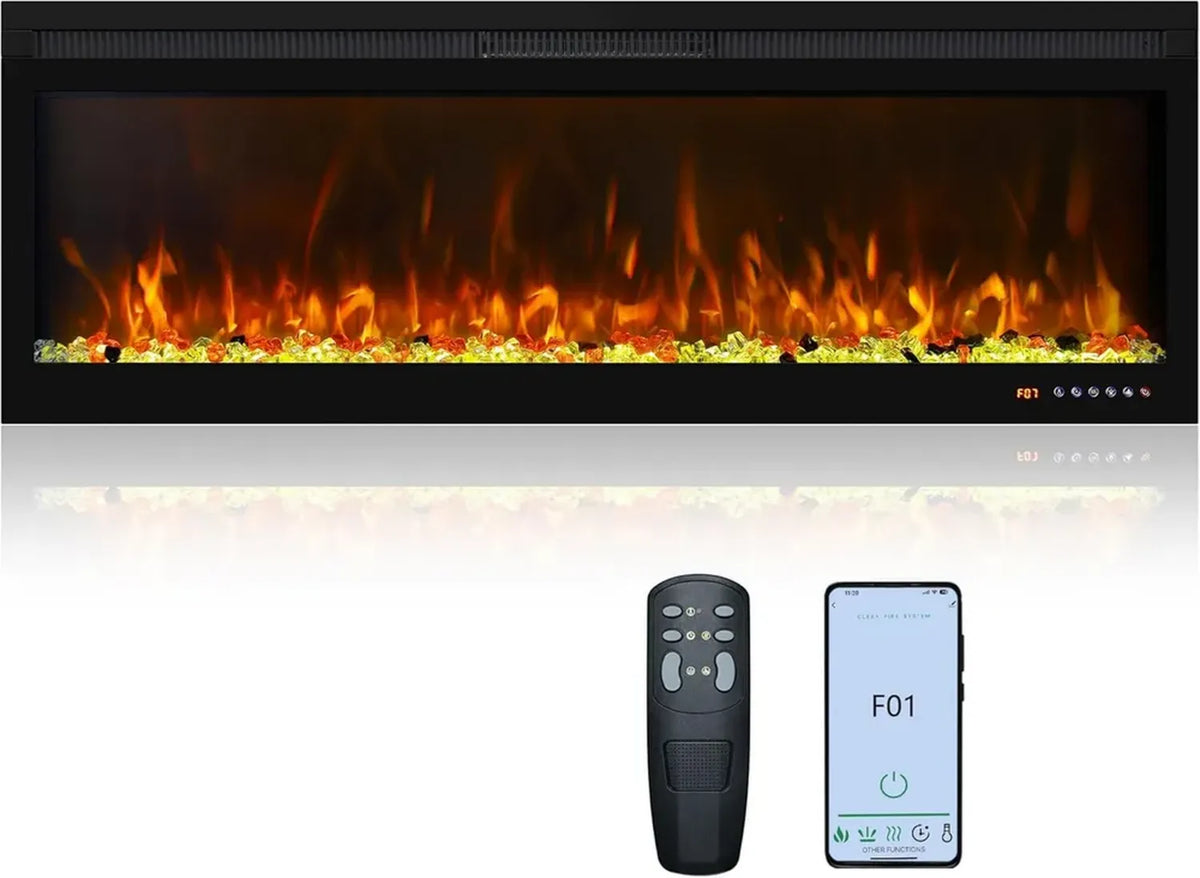 Camino elettrico da parete o incasso 127 cm, fiamma realistica, log e cristalli, telecomando e timer, colore nero