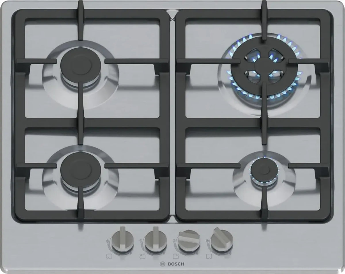 Bosch Serie 4 Piano Cottura a Gas, Wok ad Alta Potenza, Griglie Ghisa, Acciaio Inox, 60 cm