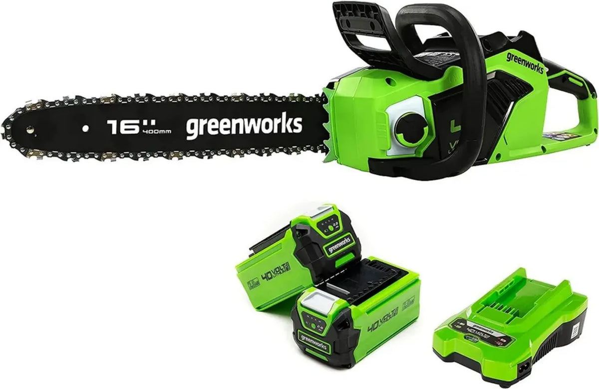 Motosega a Batteria Greenworks 40V, Barra 40cm, Motore Brushless, Auto-Lubrificante, Kit Completo