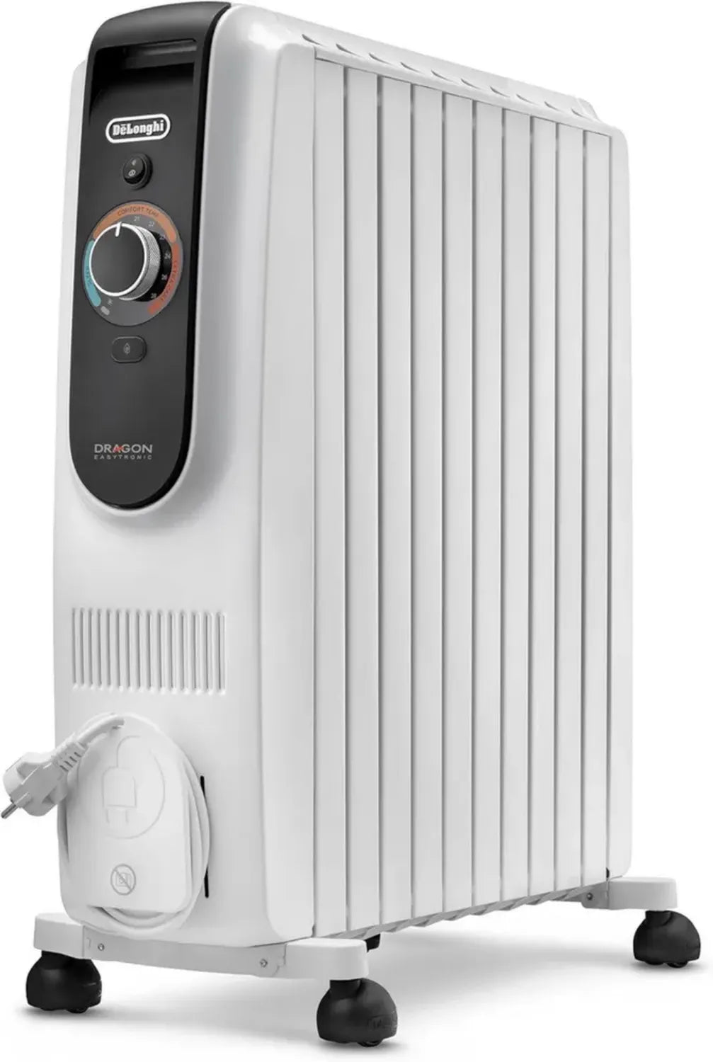 De'Longhi Radiatore a Olio 2500W, 10 Elementi, Termostato Sicuro, 12 Livelli, Portatile, Bianco
