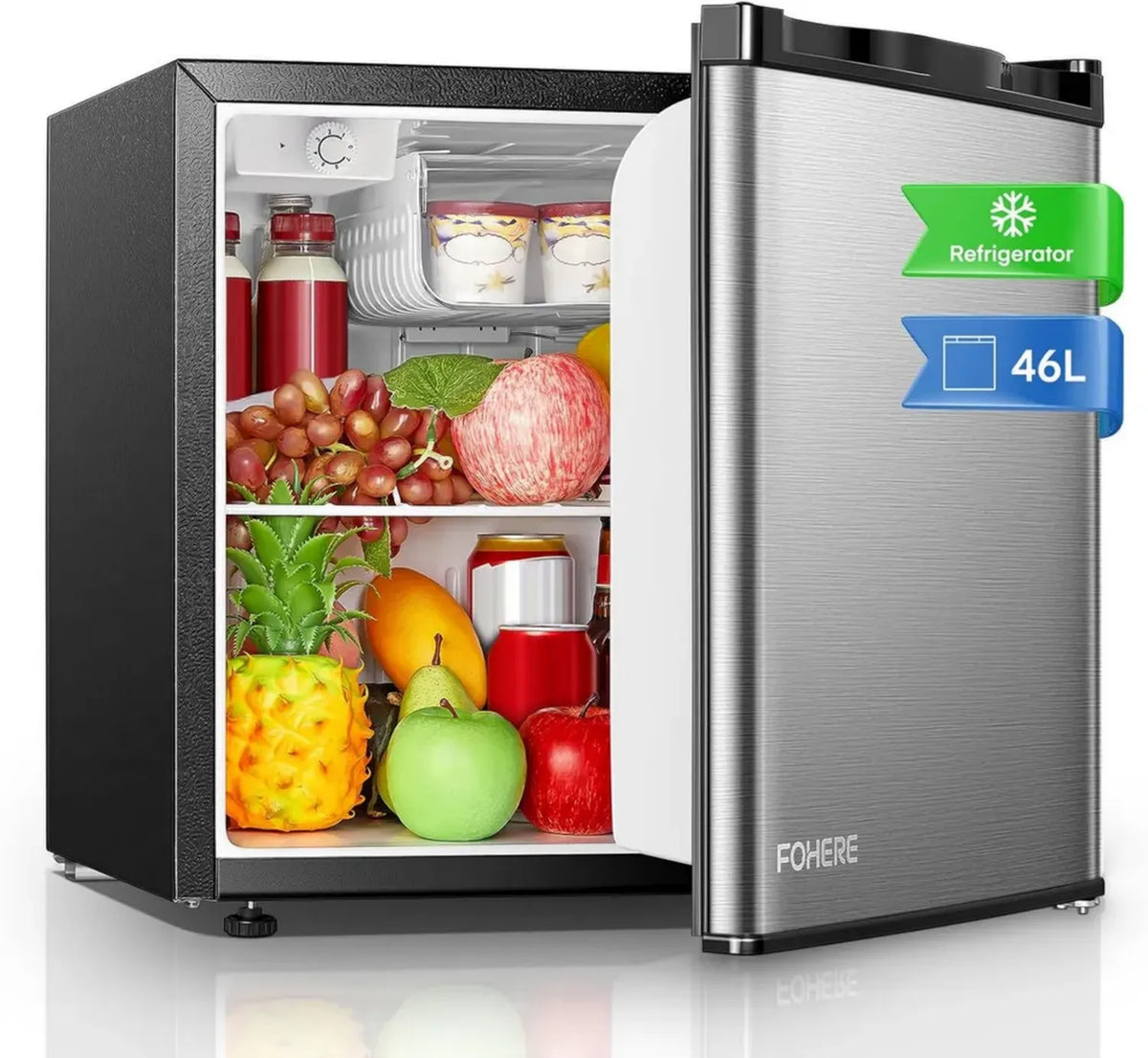 FOHERE Frigorifero Compatto 46L, Mini Frigo Monoporta con Termostato, Silenzioso e Porta Reversibile, Perfetto per Casa, Ufficio e Hotel, in Acciaio Inossidabile