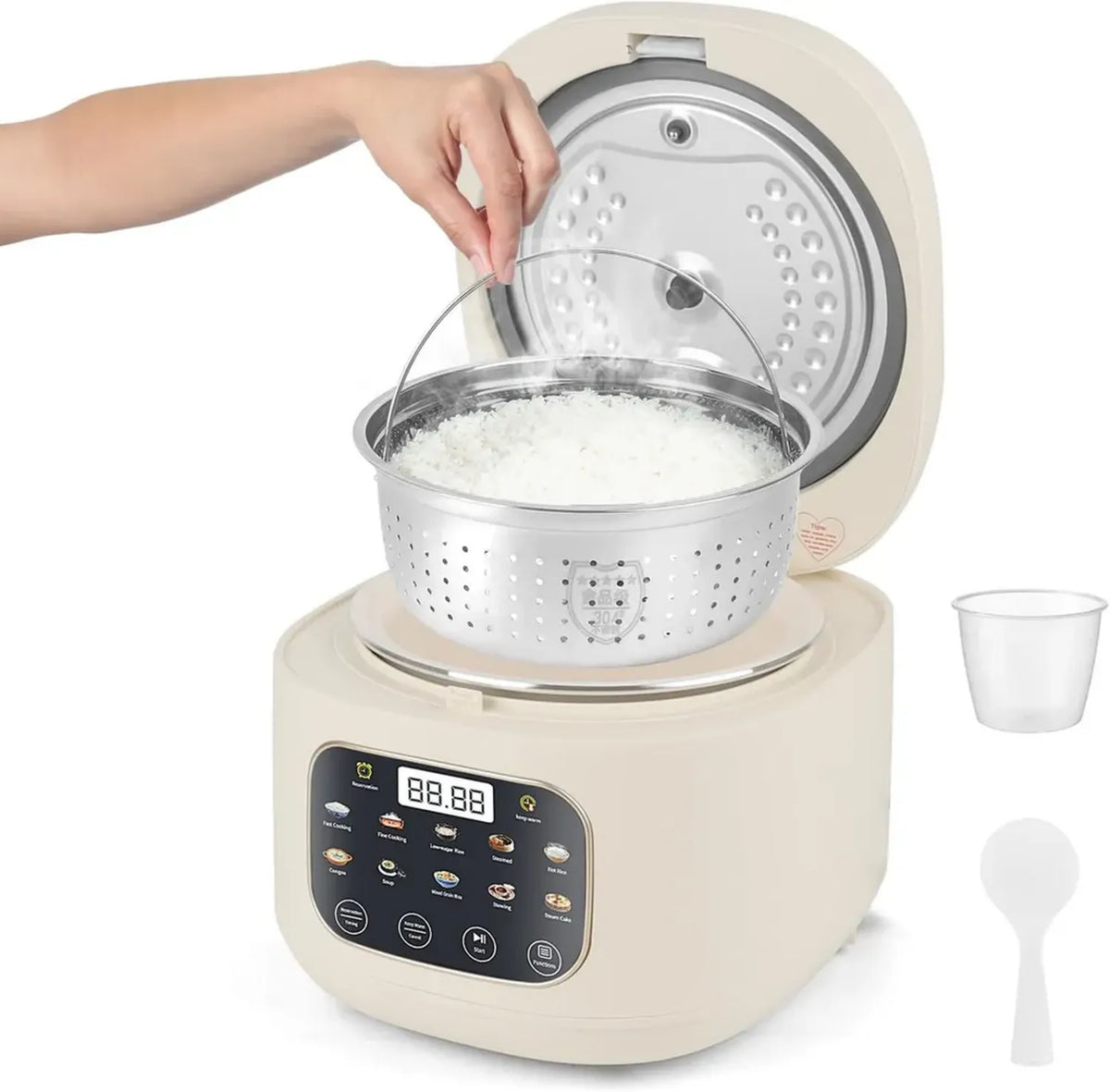 Cuociriso Multifunzione 3L con Modalit¨¤ Bassa Zuccheri, Vaporiera e 10 Funzioni, Per 3-5 Persone, Recipiente Antiaderente e Cestello in Acciaio Inox