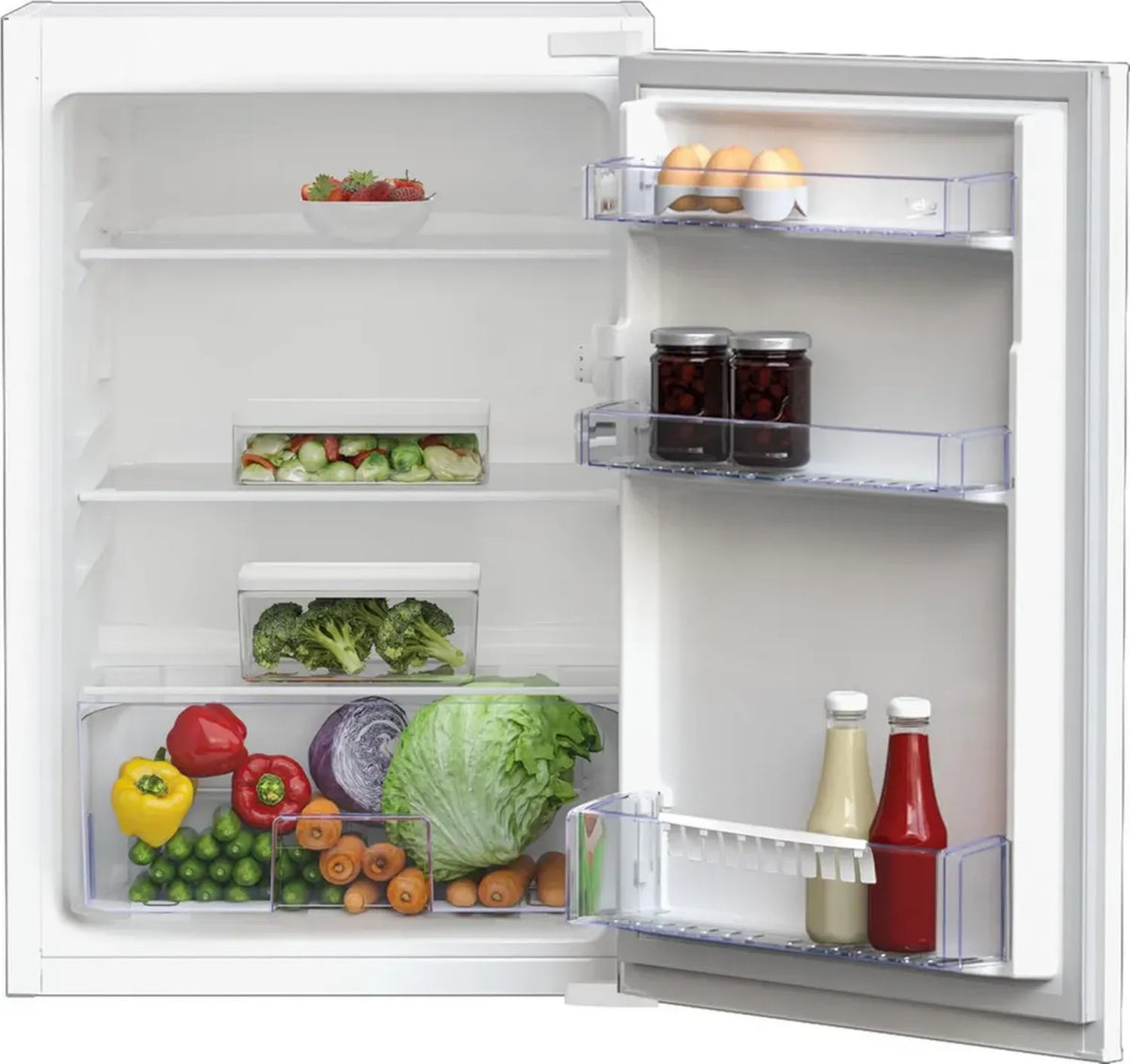 Beko B1804FN - Frigorifero da incasso 126L, cassetto verdure, minFrost, piedini regolabili, porta fissa 3D, 29 dB, bianco