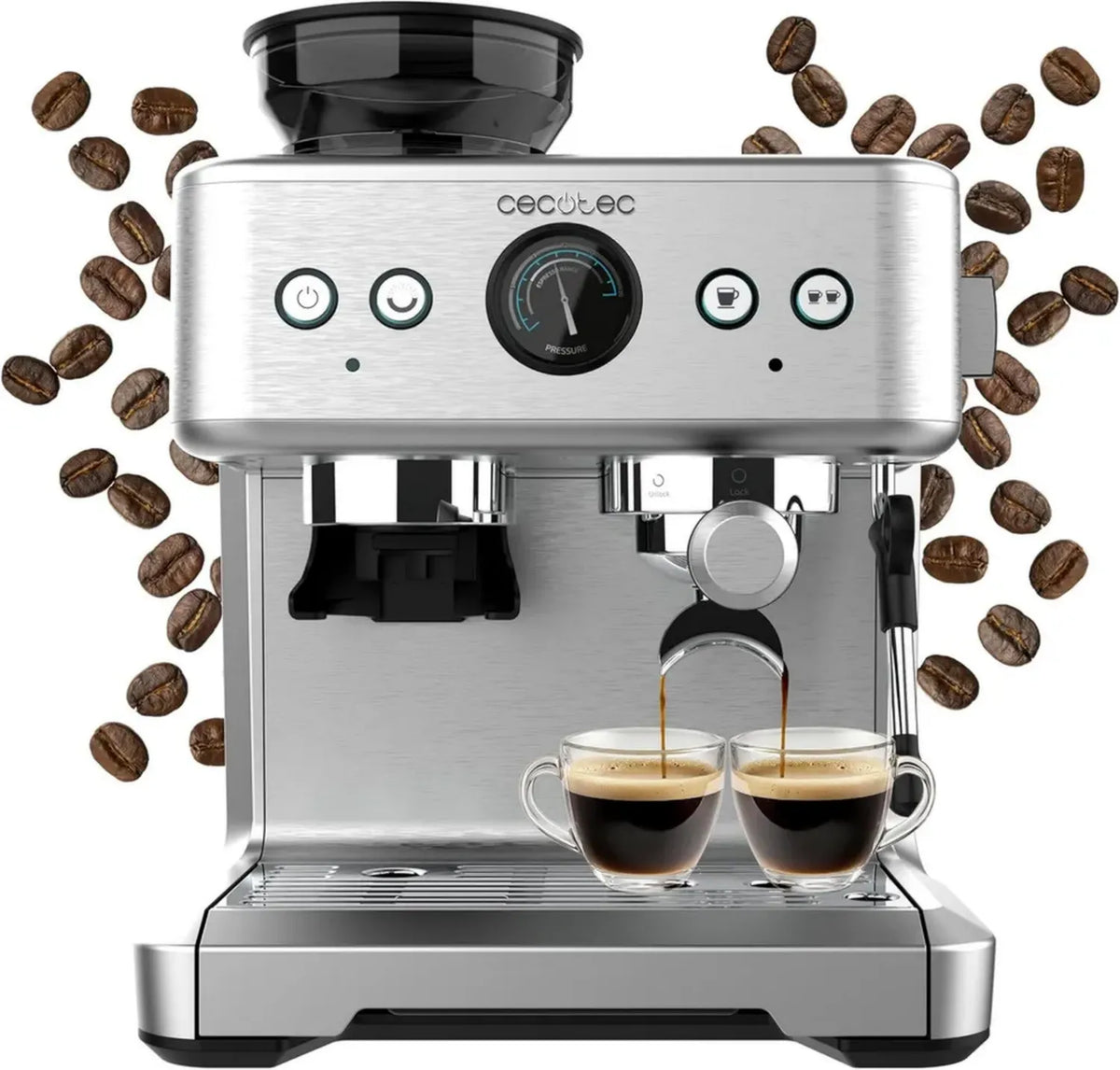 Macchina da Caff¨¨ Espresso 20 Bar Cecotec, Potenza 2250W, Manometro Professionale, Doppio Thermoblock, Lancia Vapore Regolabile, Sistema Macinatura con 20 Impostazioni