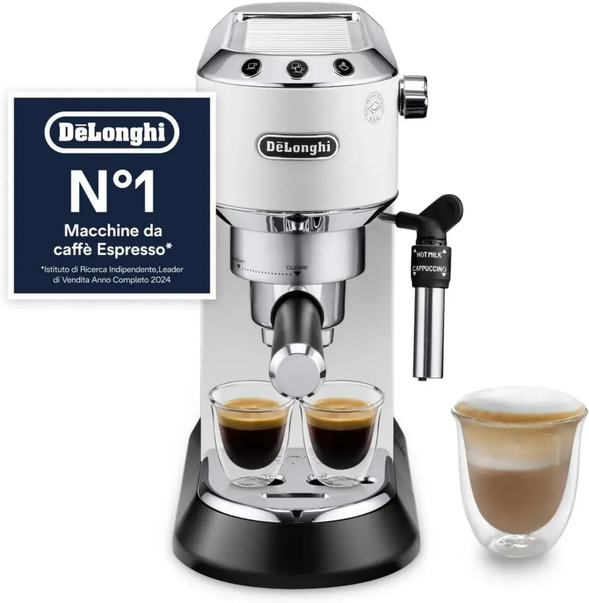 De'Longhi Dedica EC685.W Macchina Espresso Manuale con Cappuccinatore, Compatibile con Polvere e Cialde E.S.E., 1350W, Colore Bianco