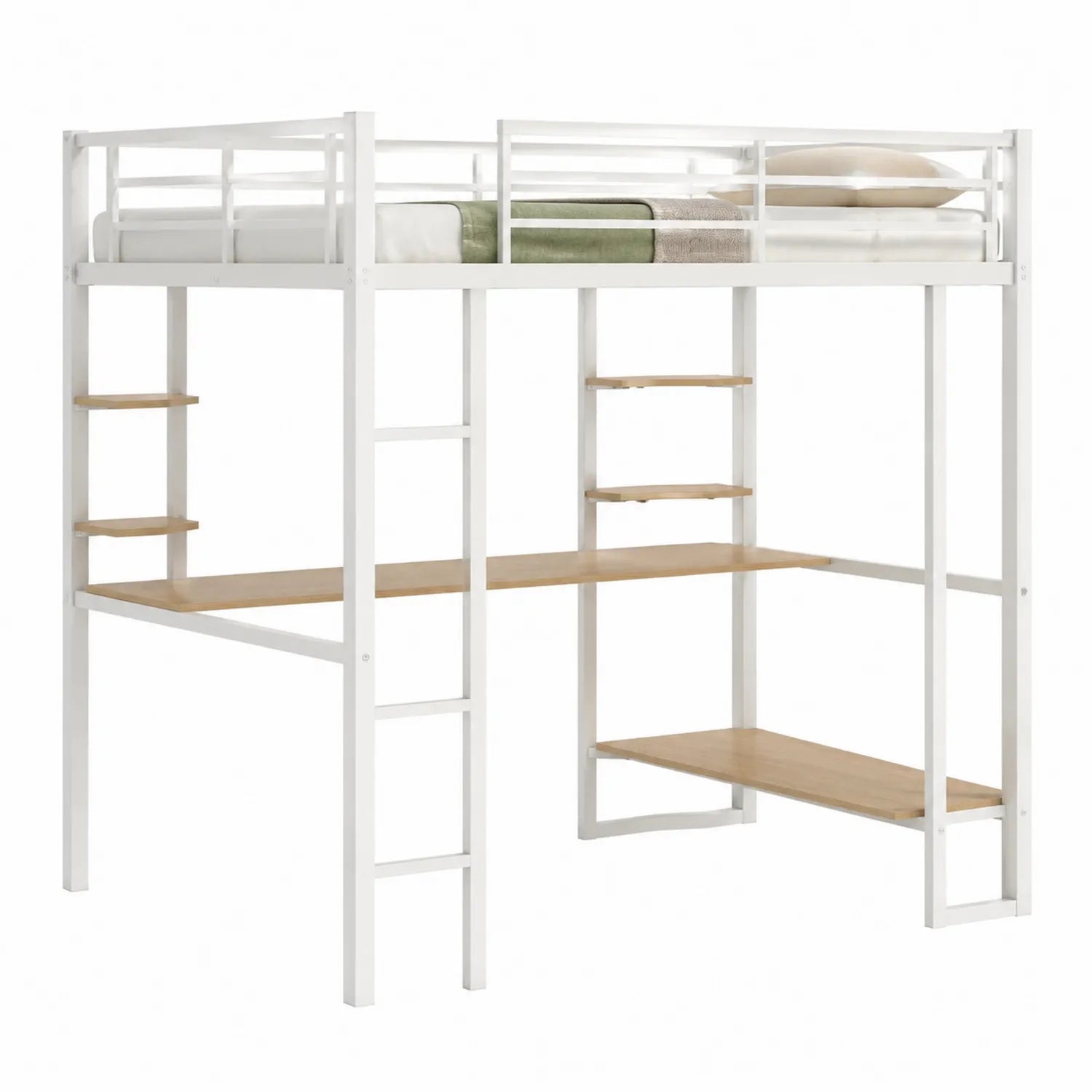 Letto a Soppalco in Metallo con Scrivania in Legno Bianco/Naturale