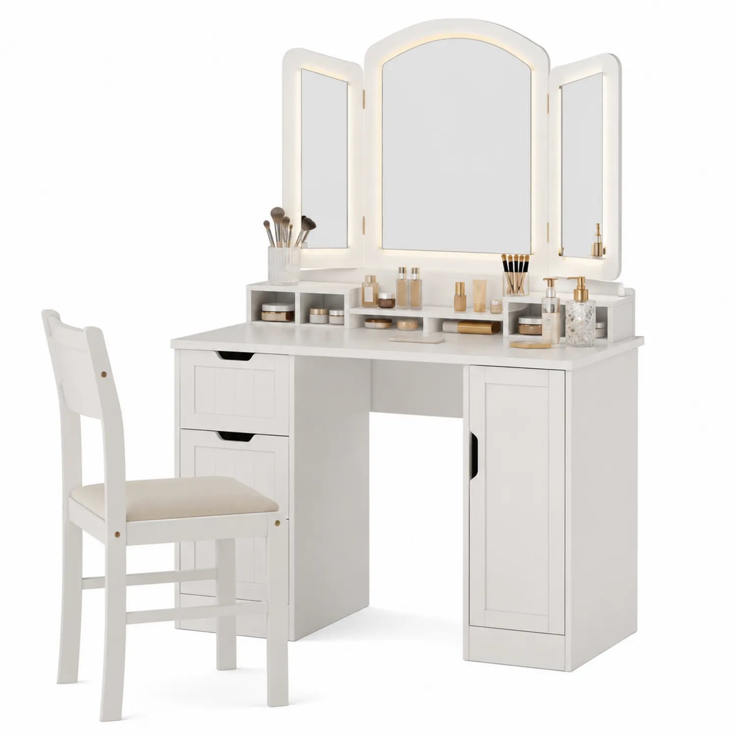 Tavolo da Trucco in Legno Bianco con Specchio a Tre Pannelli e Sedia