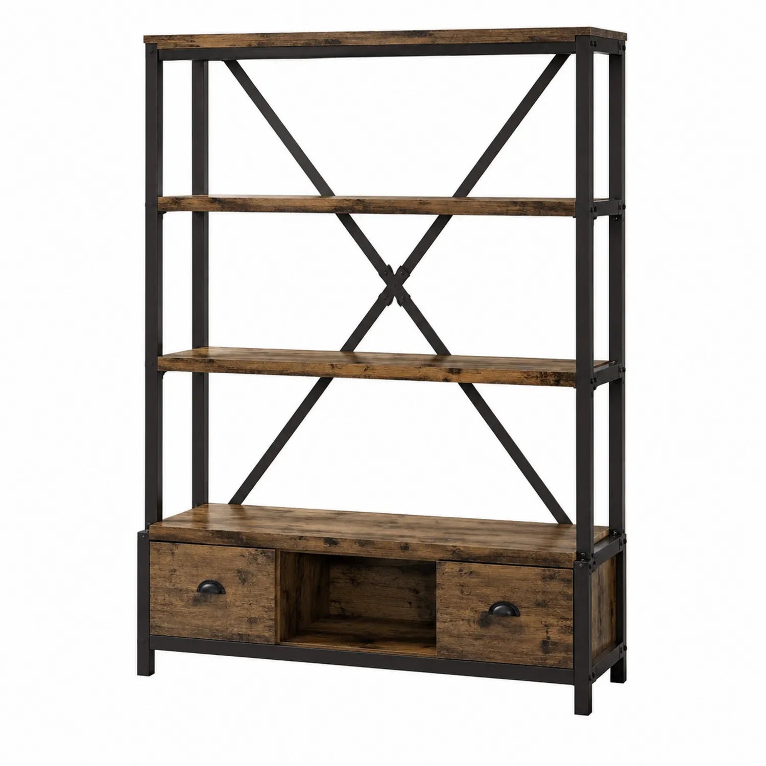 Scaffale libreria legno metallo 4 ripiani con cassetti