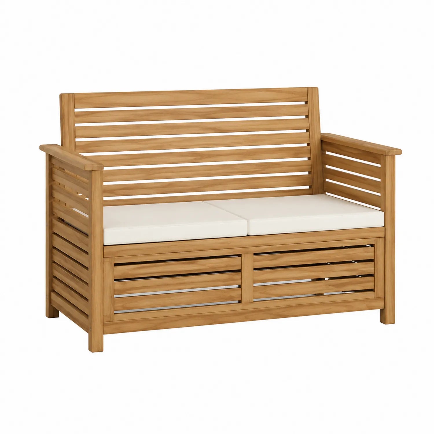 Panca in legno di acacia con cuscini bianchi 120x60x85 cm