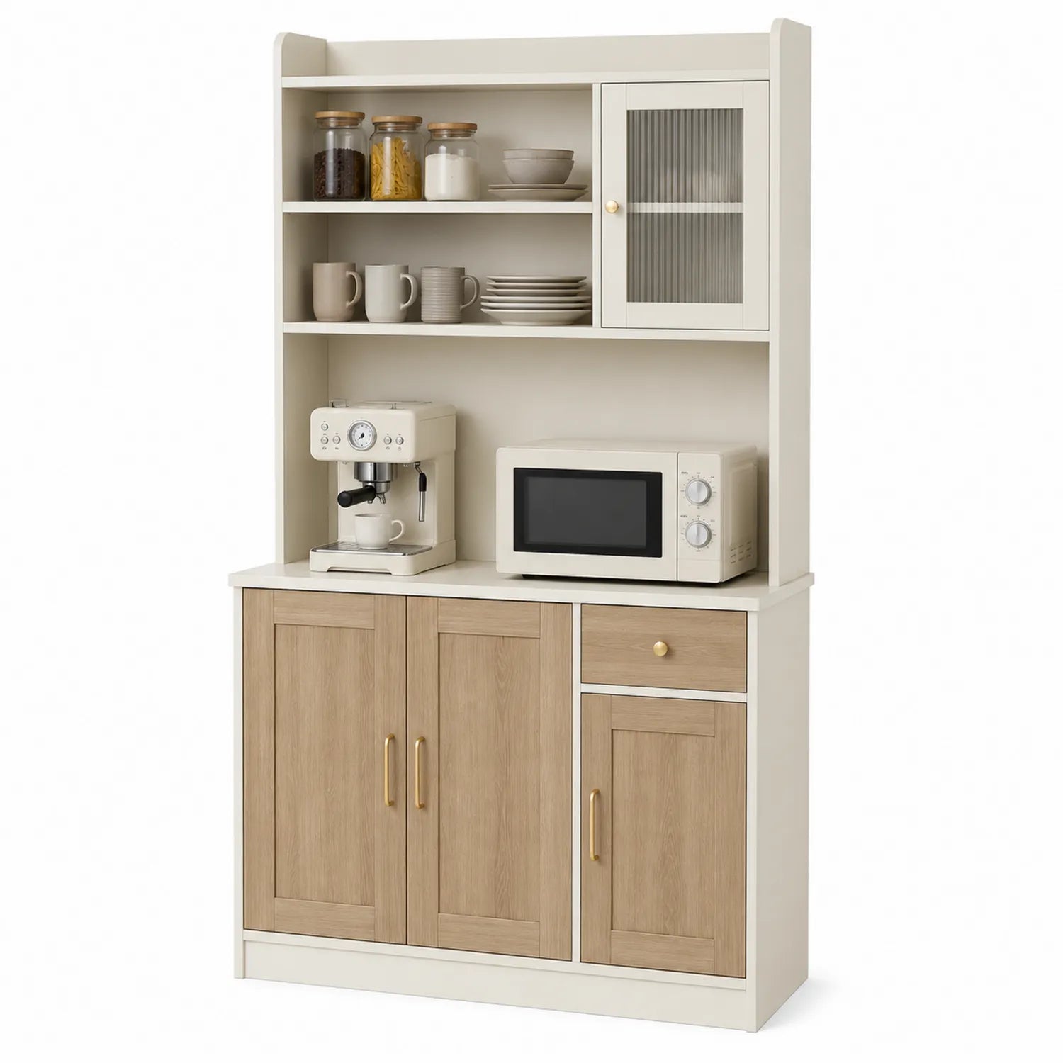Buffet da Cucina in Legno e Vetro Bianco e Rovere