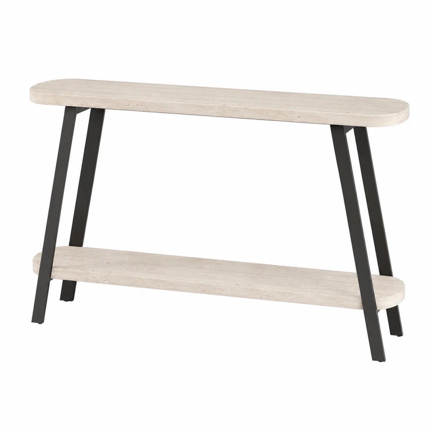 Consolle con Superficie in Travertino e Struttura in Metallo Nero, L120 x P30 x H75 cm