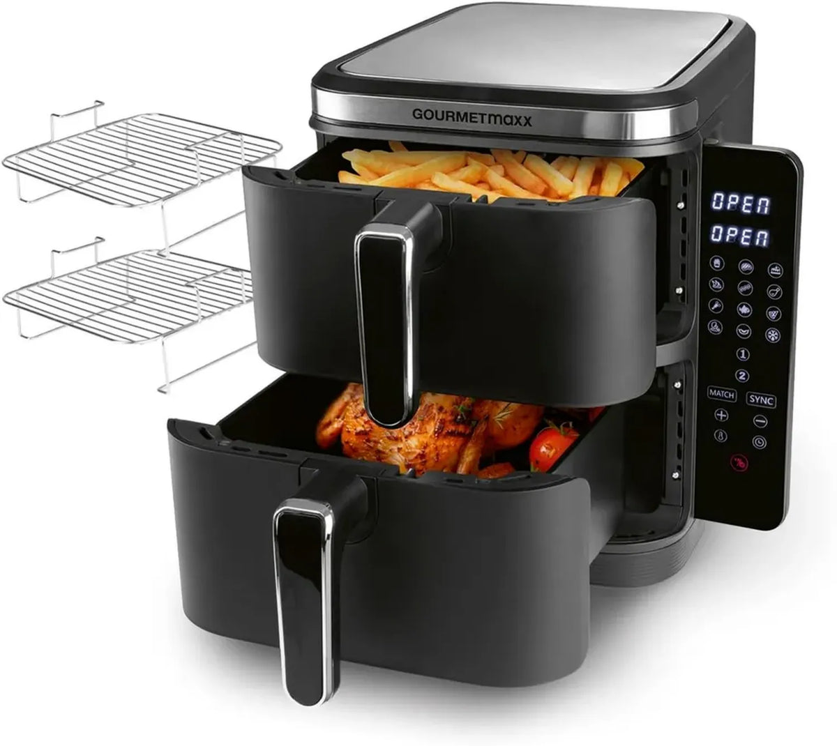 Friggitrice ad Aria Calda GOURMETmaxx FryUp con Doppia Camera, 10 Litri, Display Touch e Design Salvaspazio