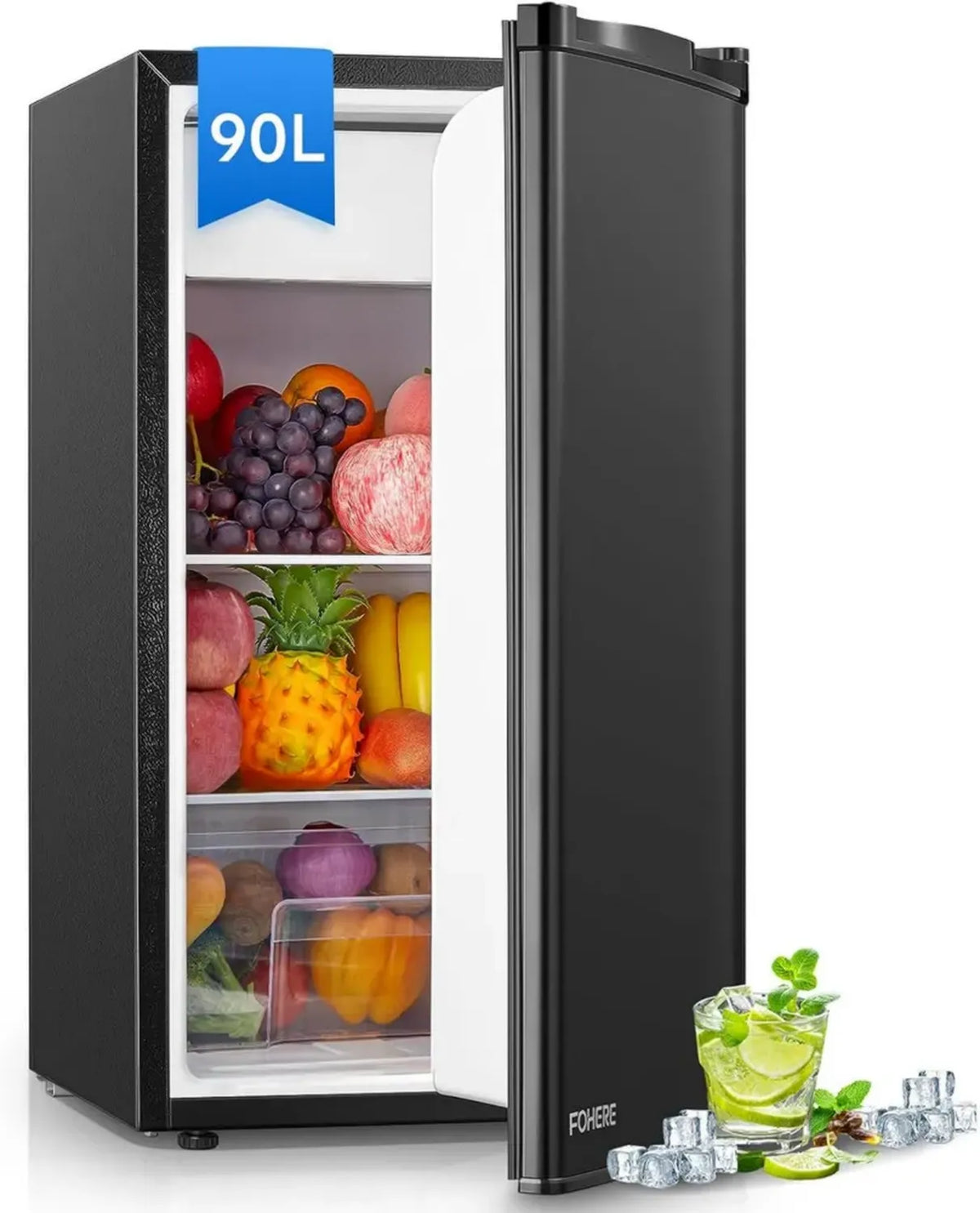 Mini Frigorifero FOHERE 91L con Congelatore, Porta Reversibile, Termostato Regolabile, Comparto Verdure, Silenzioso, Nero per Ufficio e Camera