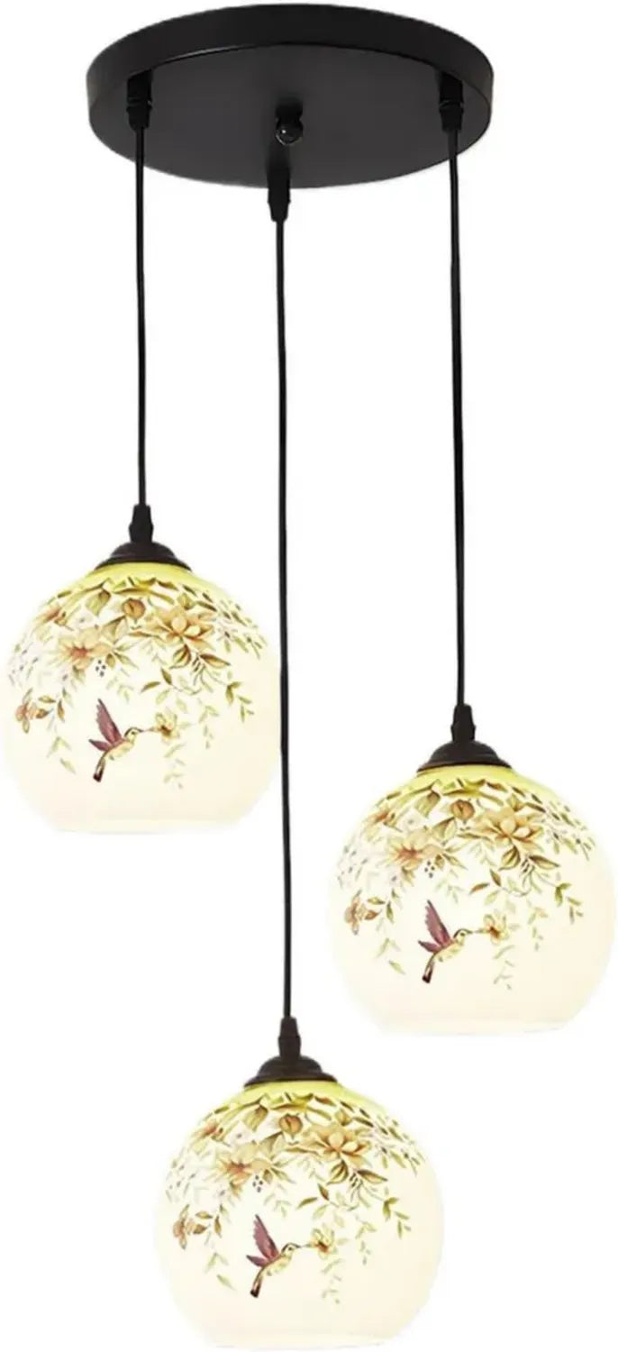 Lampadario vintage in vetro nero regolabile, design floreale e uccellino, per interni eleganti (3 attacchi E27)