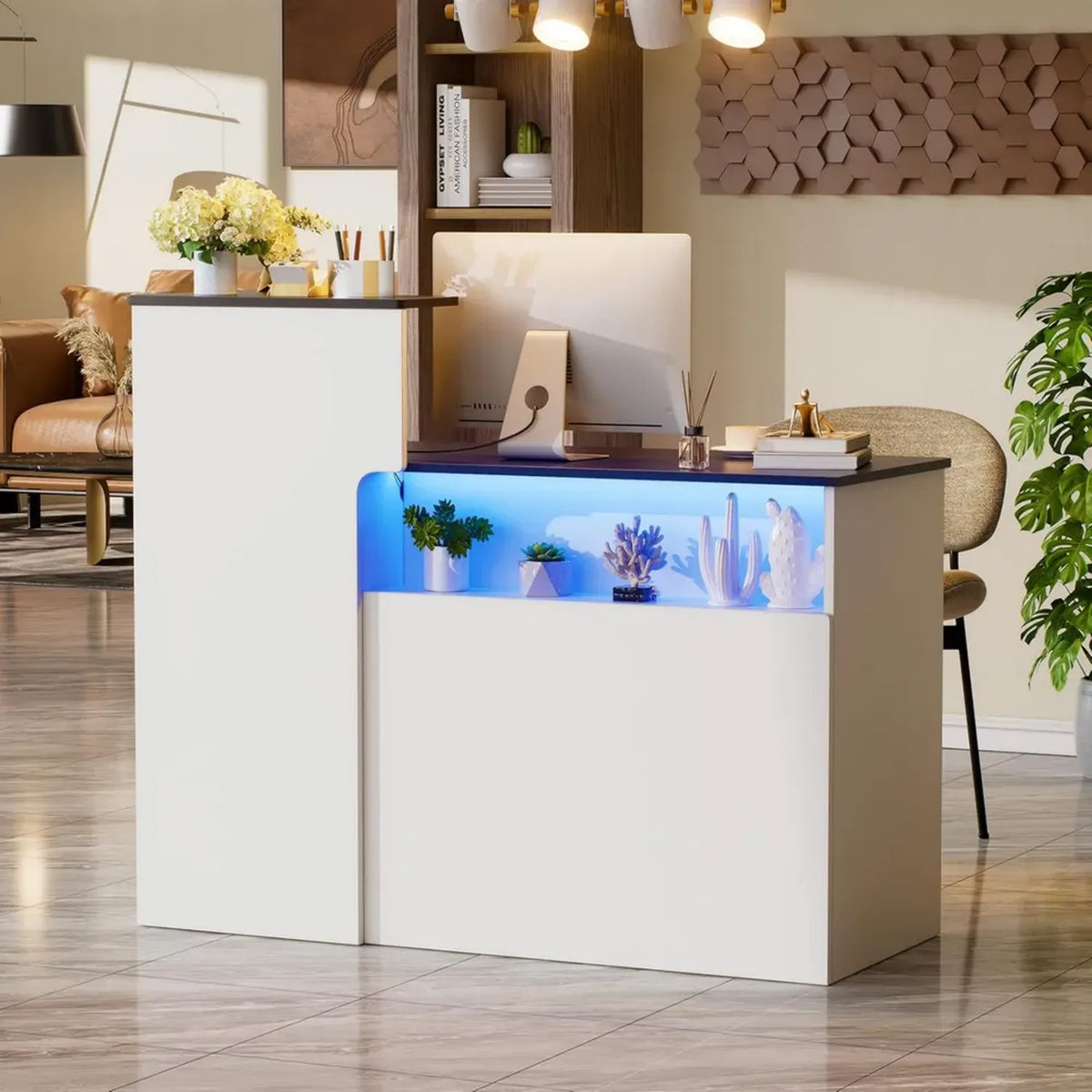 Bancone Reception Ufficio con LED, Cassetto e Armadio, Banco per Centro Estetico, Bianco